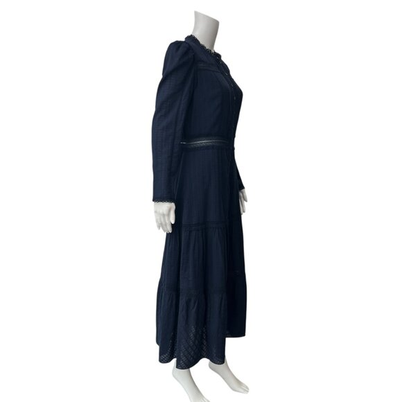 $375 NWT La Vie Blue Midnight Navy Ribbon Embroidered LS Dress size Medium - Picture 3 of 9